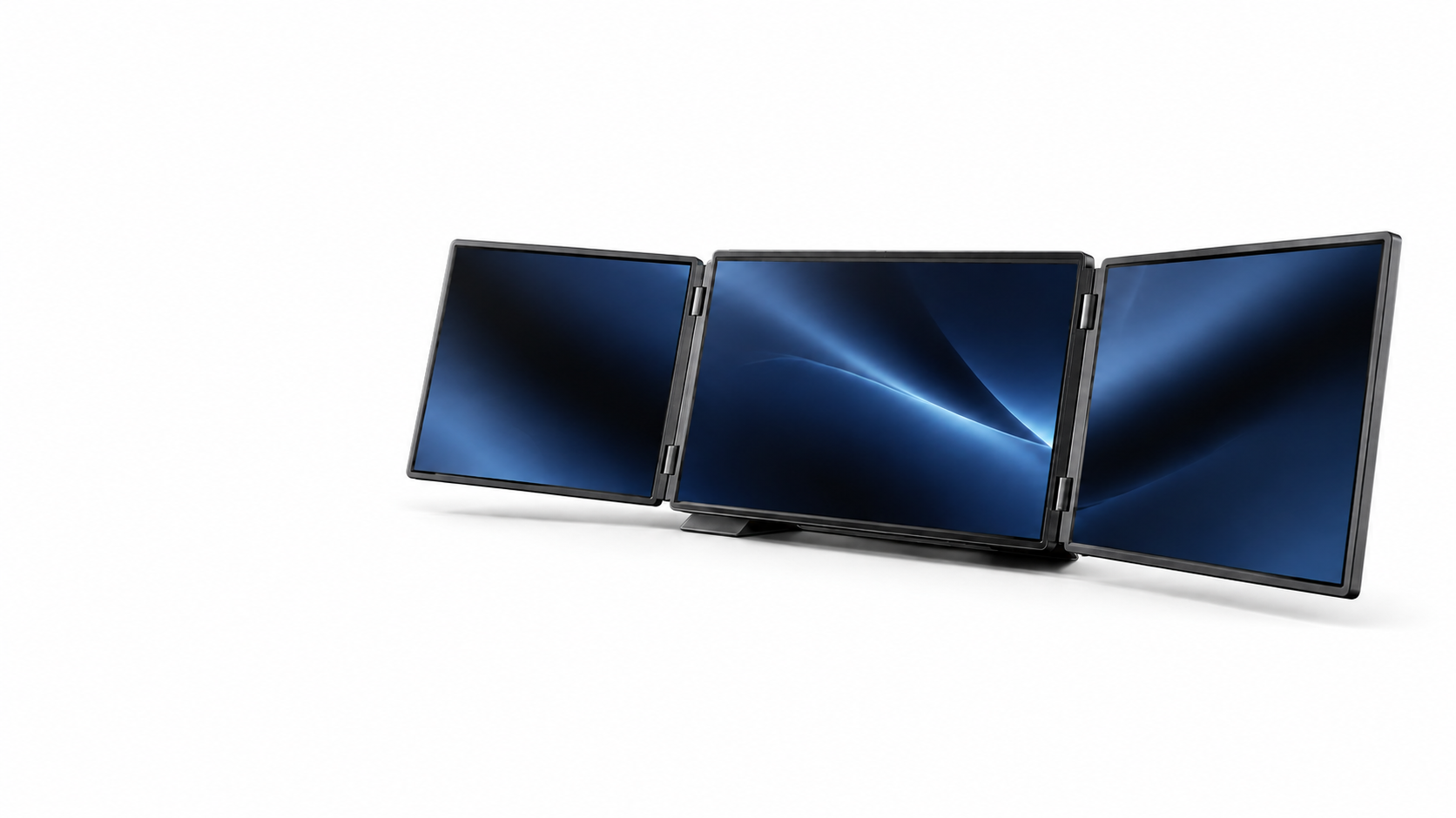 Triple-folding three-panel workstation · illustrative render